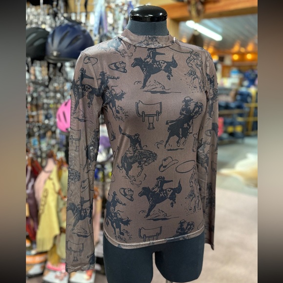 boutique Tops - NEW Women’s Western Rodeo Long Sleeved Mesh Top in Brown Boutique